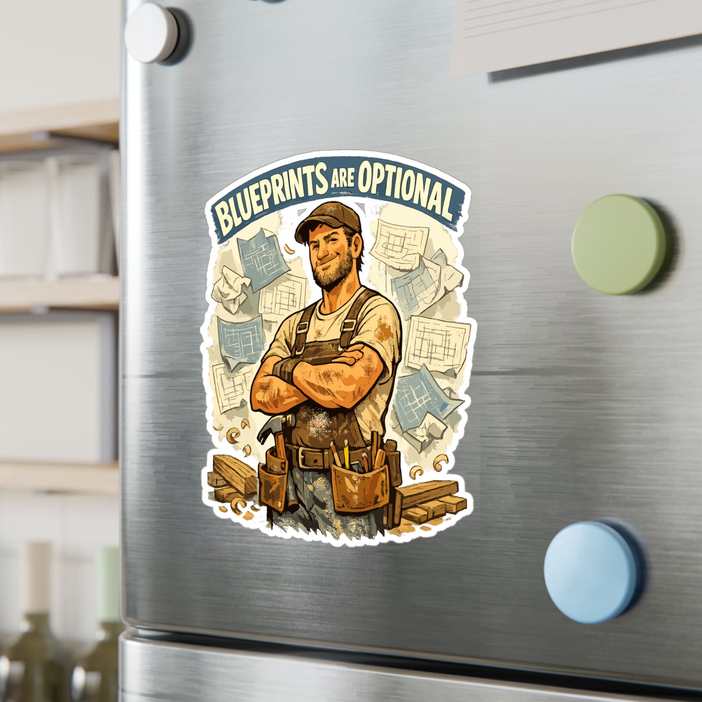 Carpenter Sticker "Blueprints Are Optional" Funny Woodworker Decals, Waterproof Vinyl for Laptop, Water Bottle