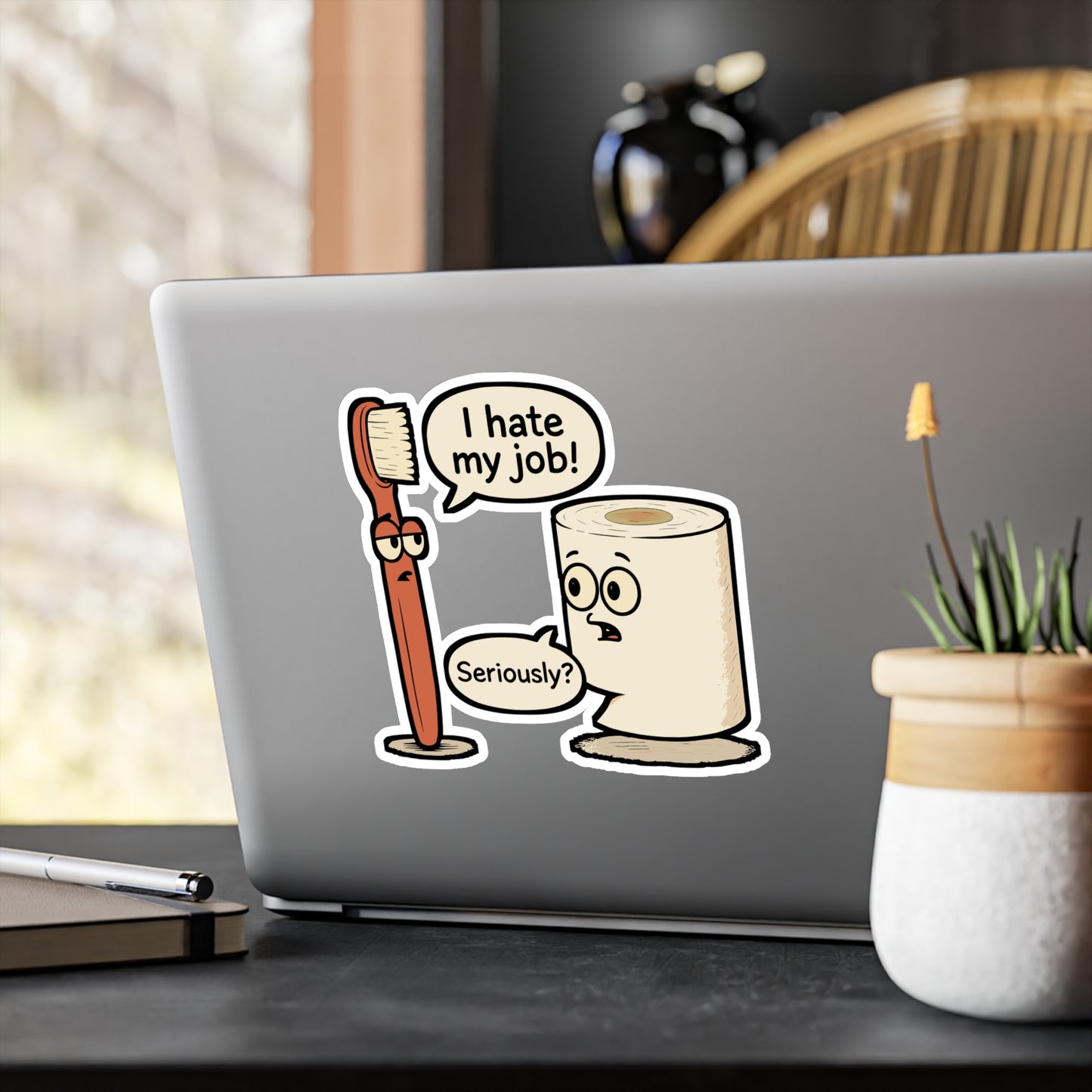 Funny Toothbrush and Toilet Paper Cartoon – Sticker for Laptop, Water Bottle & Sarcastic Humor Gifts