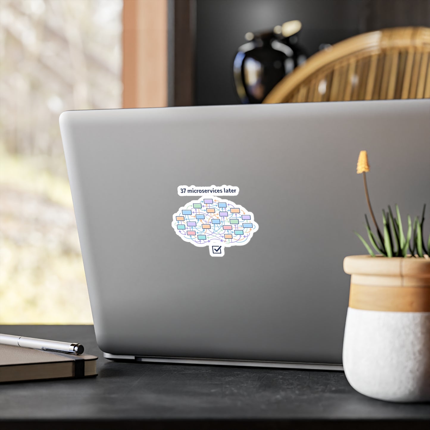 Coding Sticker “37 microservices later” Funny Programmer Decals, Source-Code Geek Semicolon Design, Waterproof Vinyl for Laptop, Water Bottle