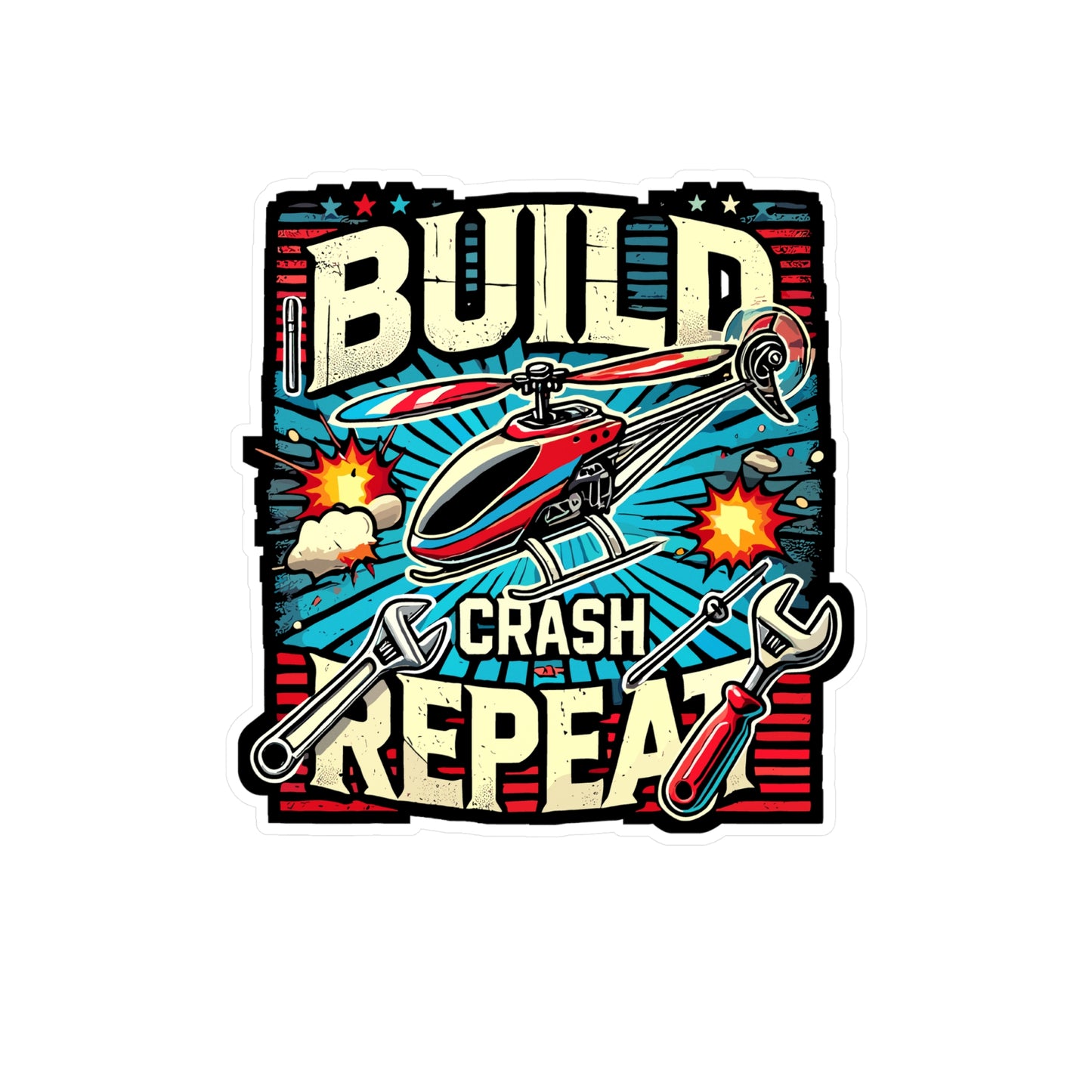 Build Crash Repeat - RC helicopter Sticker for Laptop Sticker. Water Bottle Sticker, Vinyl Model building Decal - RC helicopter Gift