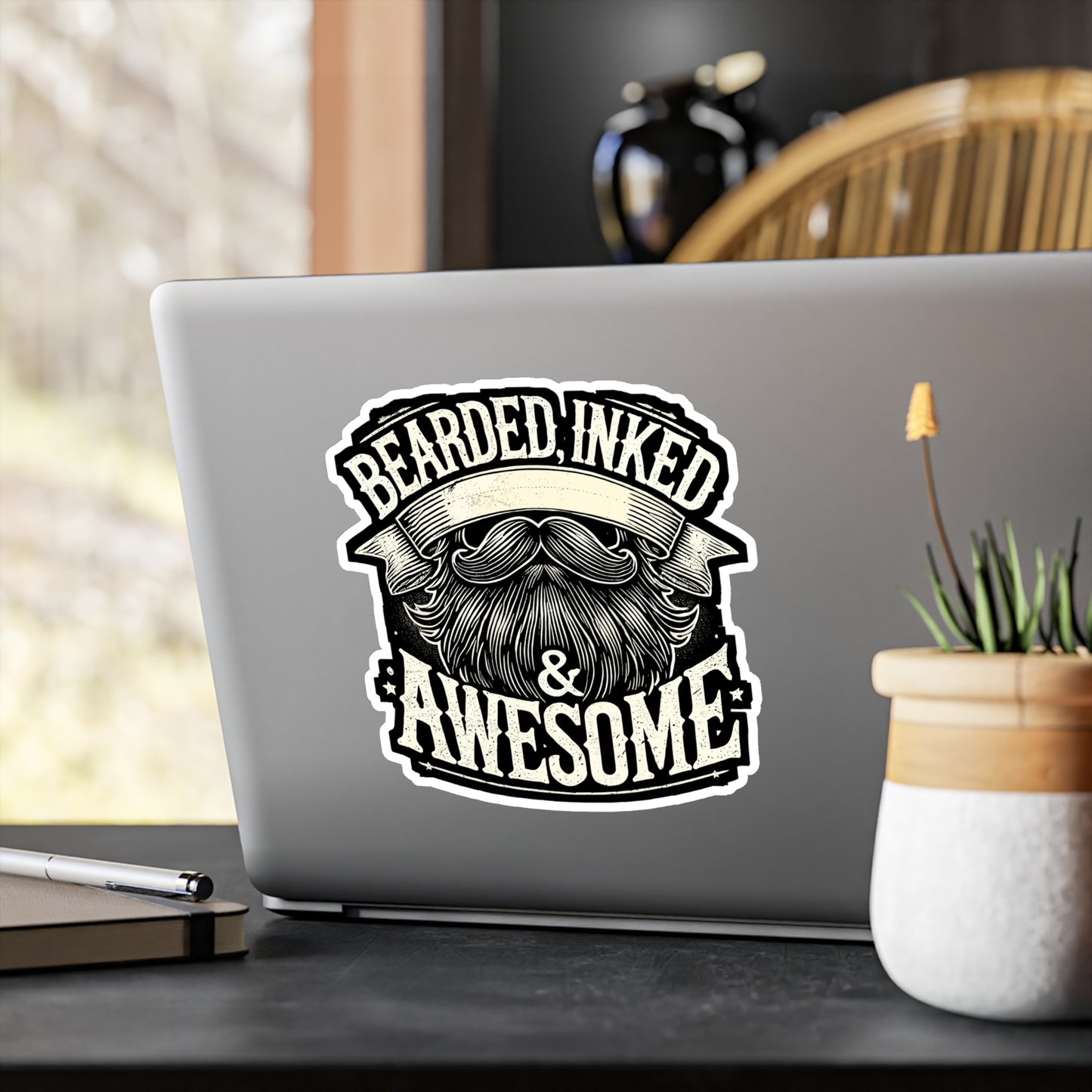 Bearded Inked & Awesome - Beard Sticker for Laptop Sticker. Water Bottle Sticker, Vinyl Tattoo Decal - Beard Gift