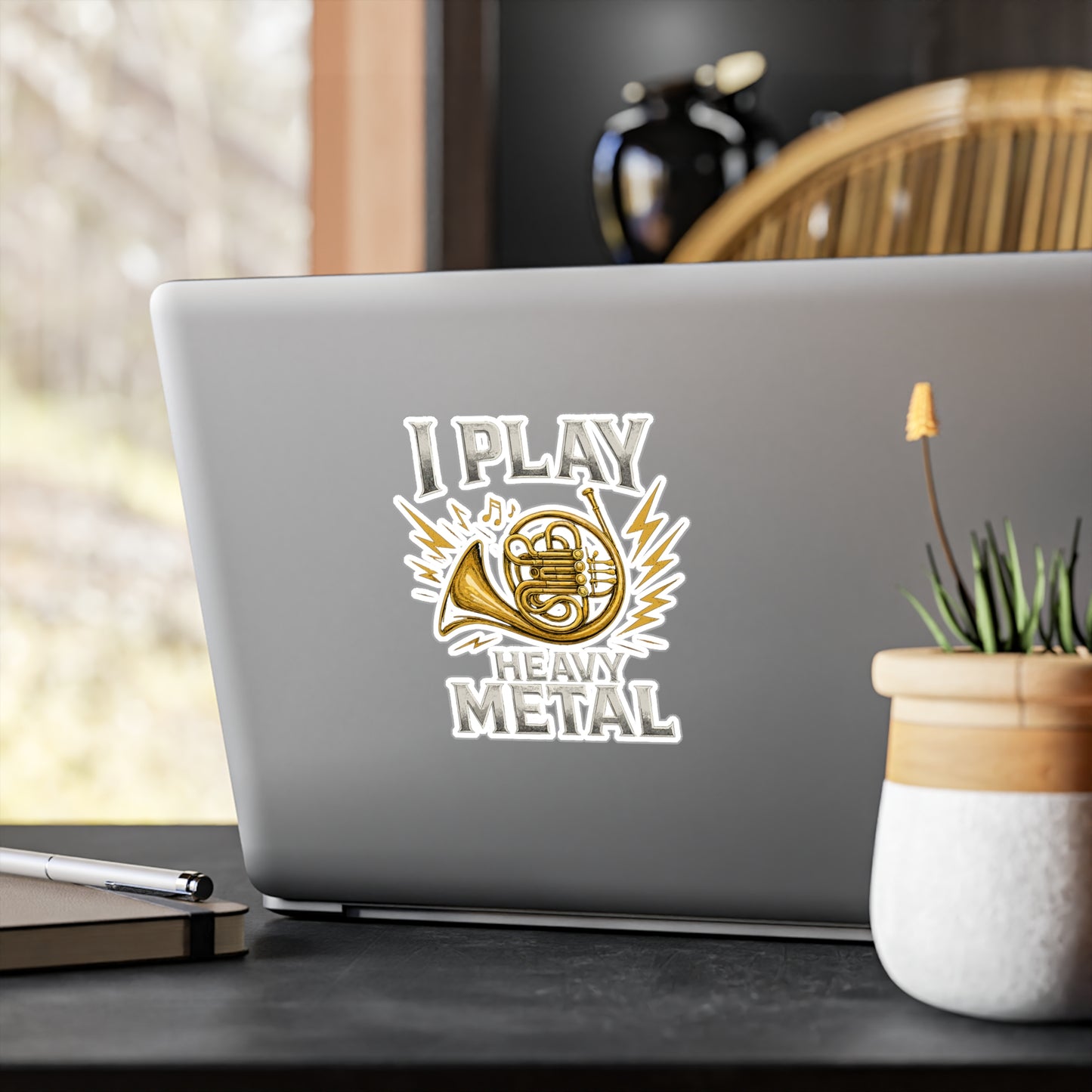 French Horn Sticker – "I Play Heavy Metal" Waterproof Vinyl Decals for Musician, Marching Band, Laptop or Water Bottle