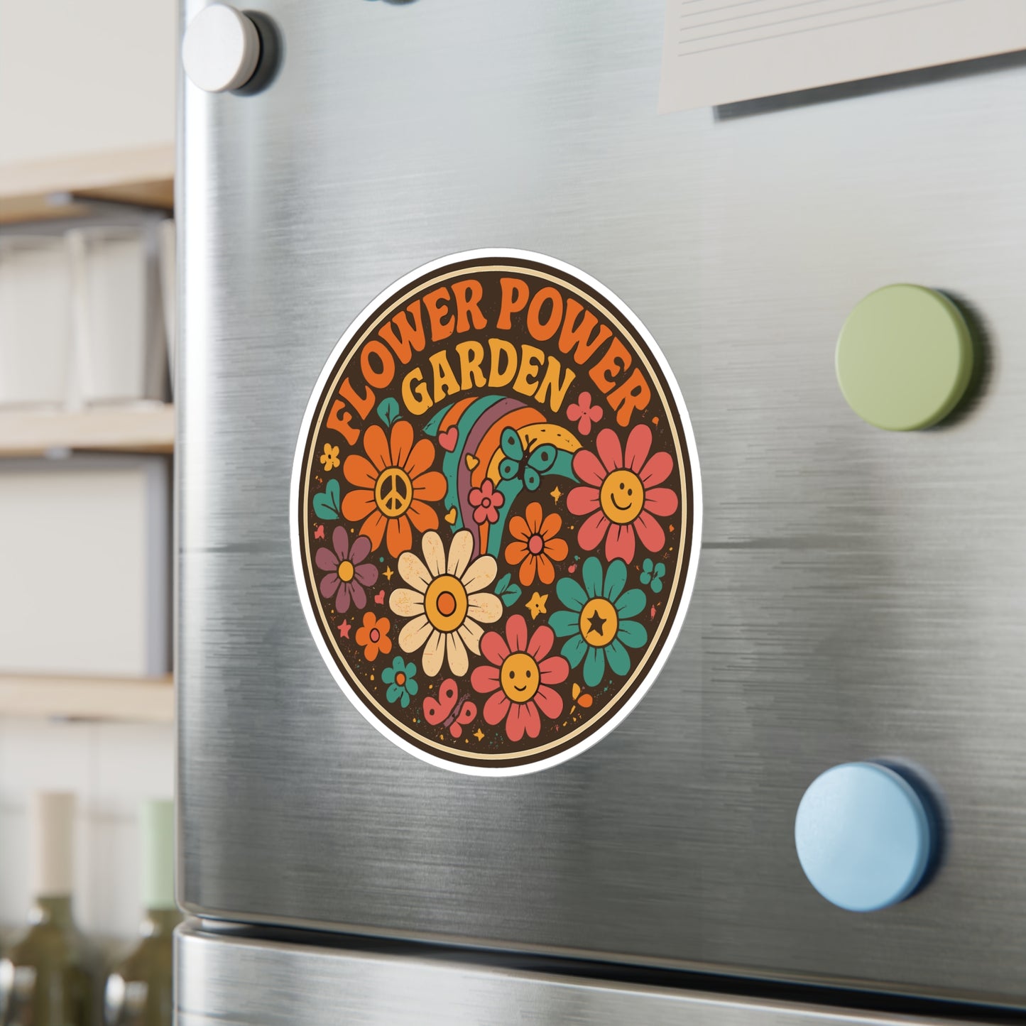 Retro Sticker "Flower Power Garden" – Psychedelic Groovy Vintage Decals for Laptop, Water Bottle, Waterproof Vinyl, Fun Hippie Design