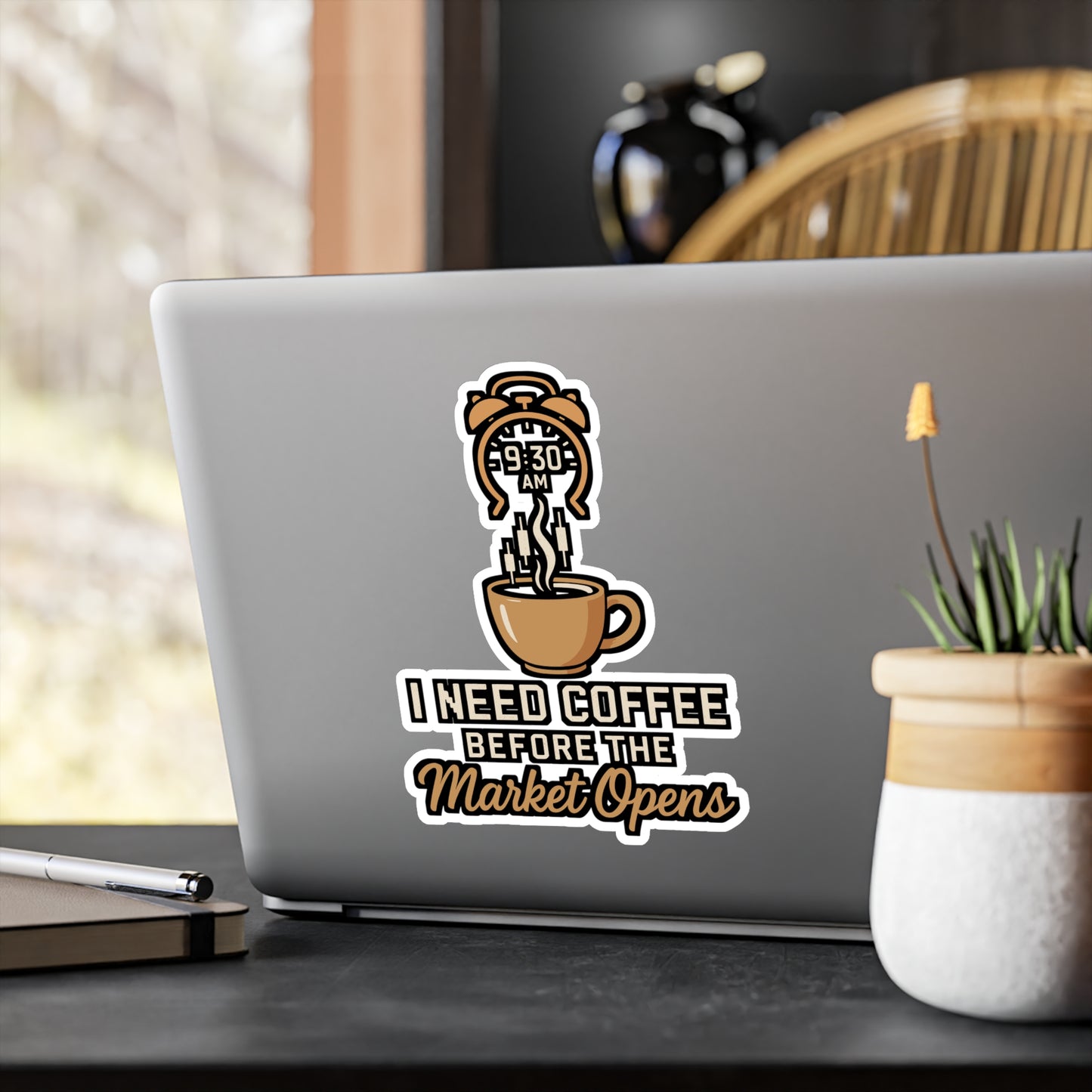 I Need Coffee Before the Market Opens – Forex Sticker for Laptop, Water Bottle & Trader Gifts