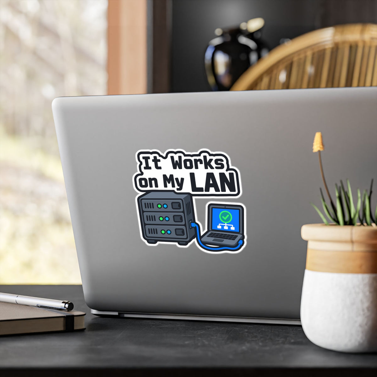 Server Sticker "It Works On My Lan" – Funny IT Decals for Laptop or Server Rack with LEDs