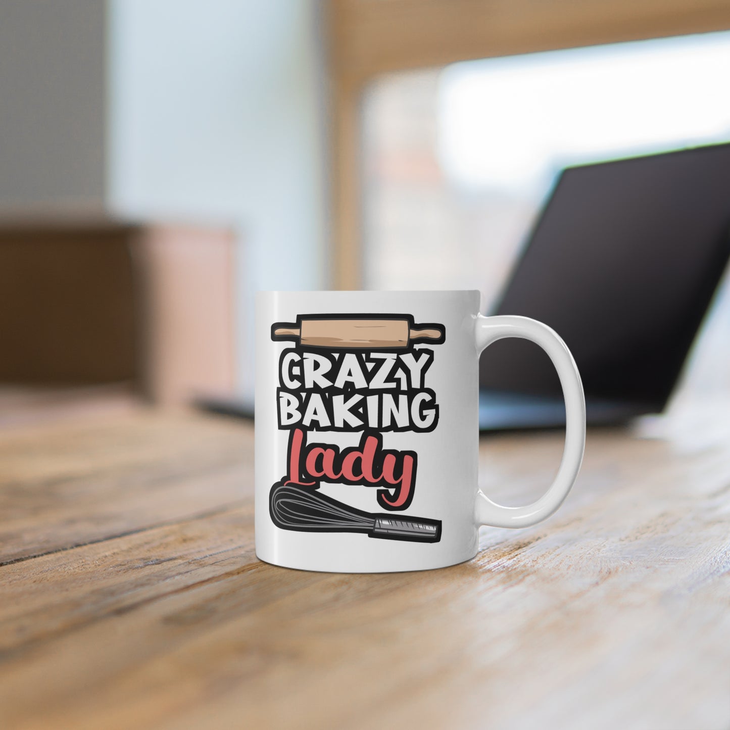 Crazy Baking Lady - Baking Mug for Coffee 11oz. Baking Cup, White ceramic, Whisk Mug, Baker Tea Cup - Baking Gift