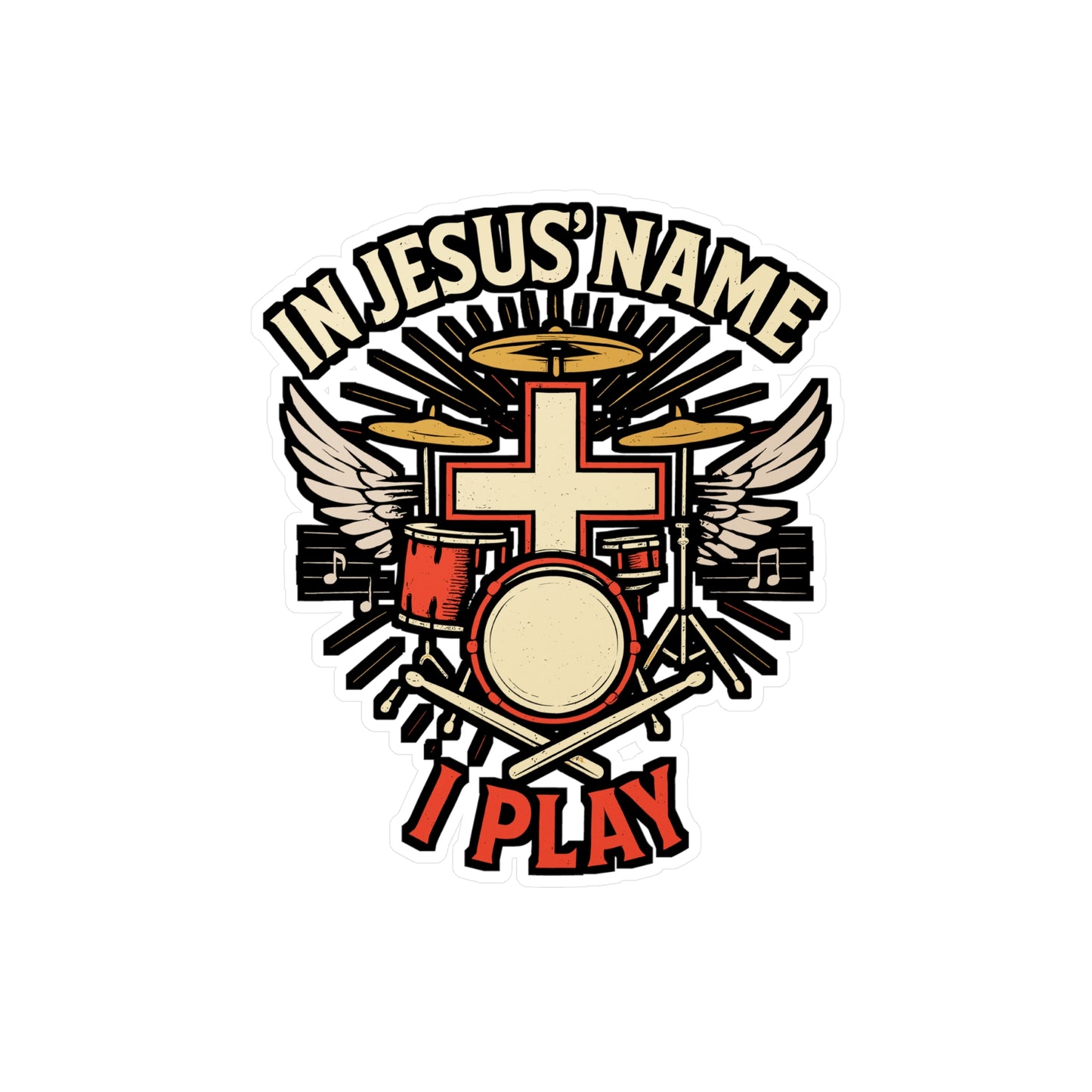 In Jesus Name I Play – Christian Drummer Sticker | Vinyl Decal for Laptop or Water Bottle | Faith-Based Music Gift