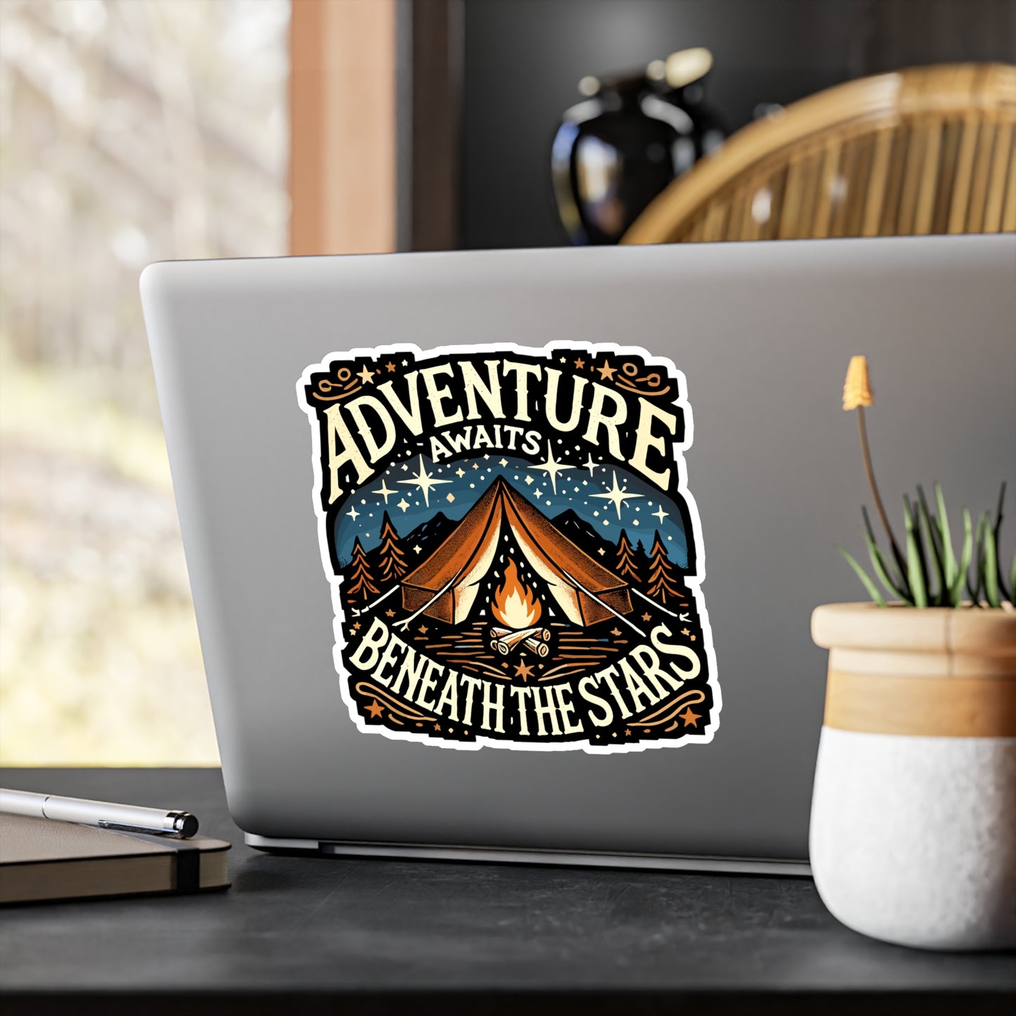 Adventure Awaits Beneath the Stars - Camping Sticker for Laptop Sticker. Water Bottle Sticker, Vinyl Outdoor Decal - Camping Gift