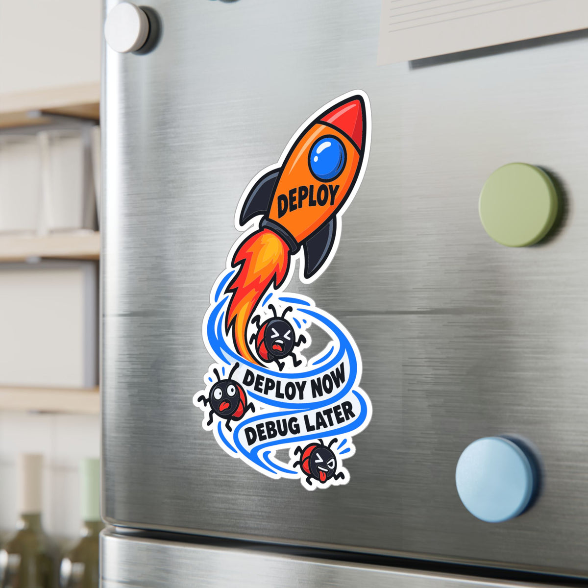 Tech Sticker - Deploy Now Debug Later, Reboot Button and Bandage Design Decals for Laptop or Water Bottle