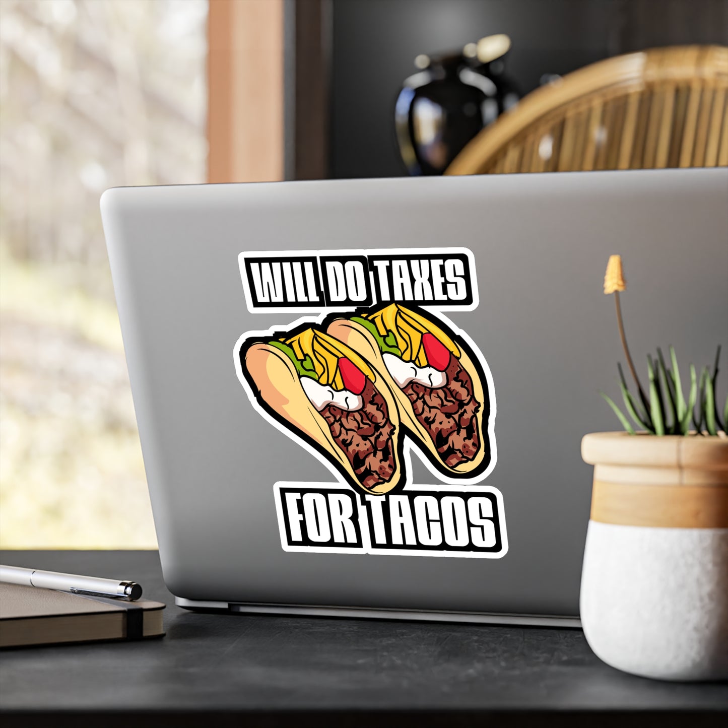 Will Do Taxes For Tacos - Accountant Sticker for Laptop Sticker. Water Bottle Sticker, Vinyl Balance Decal - Accountant Gift