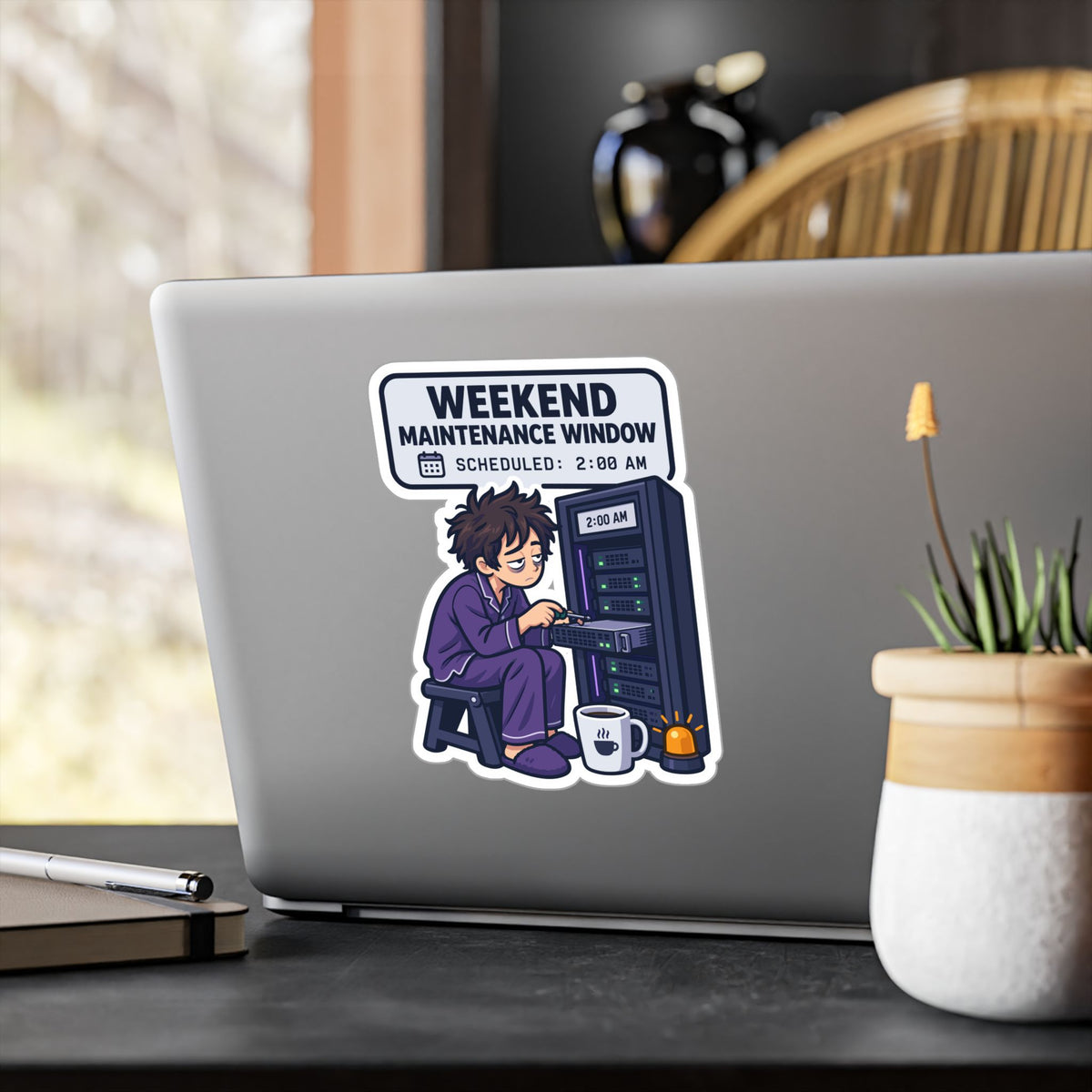 Tech Sticker - Weekend Maintenance Window with Reboot Button and Bandage Design, Decals for Laptop and Water Bottle