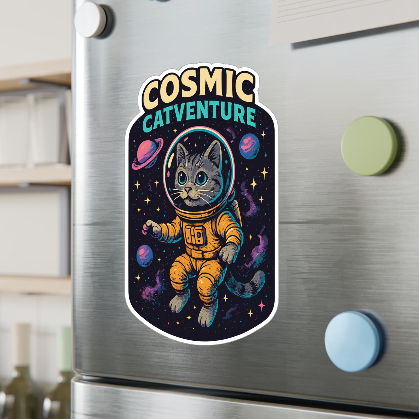 Retro Sticker "Cosmic Catventure" – Cartoon Cat Astronaut Decals, Waterproof Vinyl for Laptop & Water Bottle, Fun Space Design