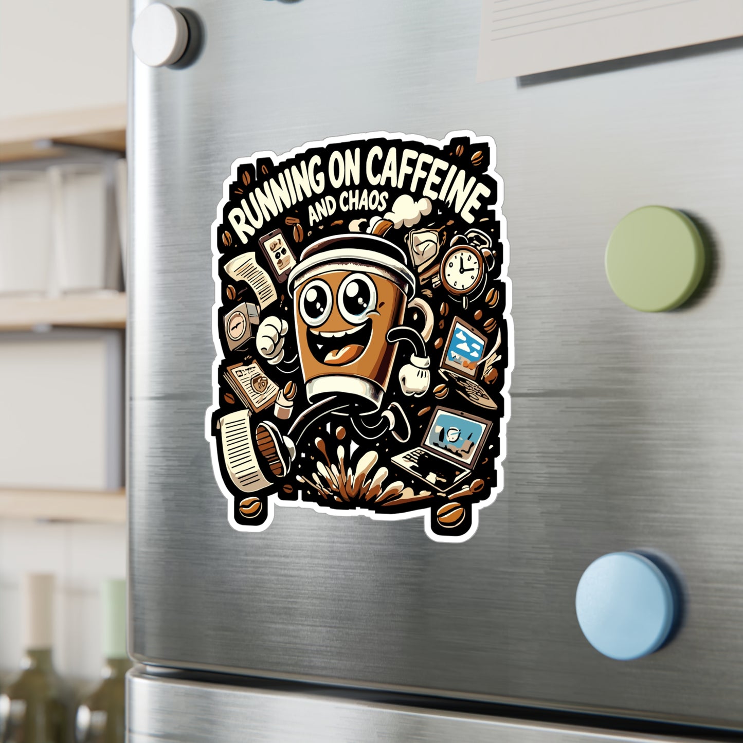 Running on Caffeine and Chaos - Caffeine humor Sticker for Laptop Sticker. Water Bottle Sticker, Vinyl Funny coffee art Decal - Caffeine humor Gift