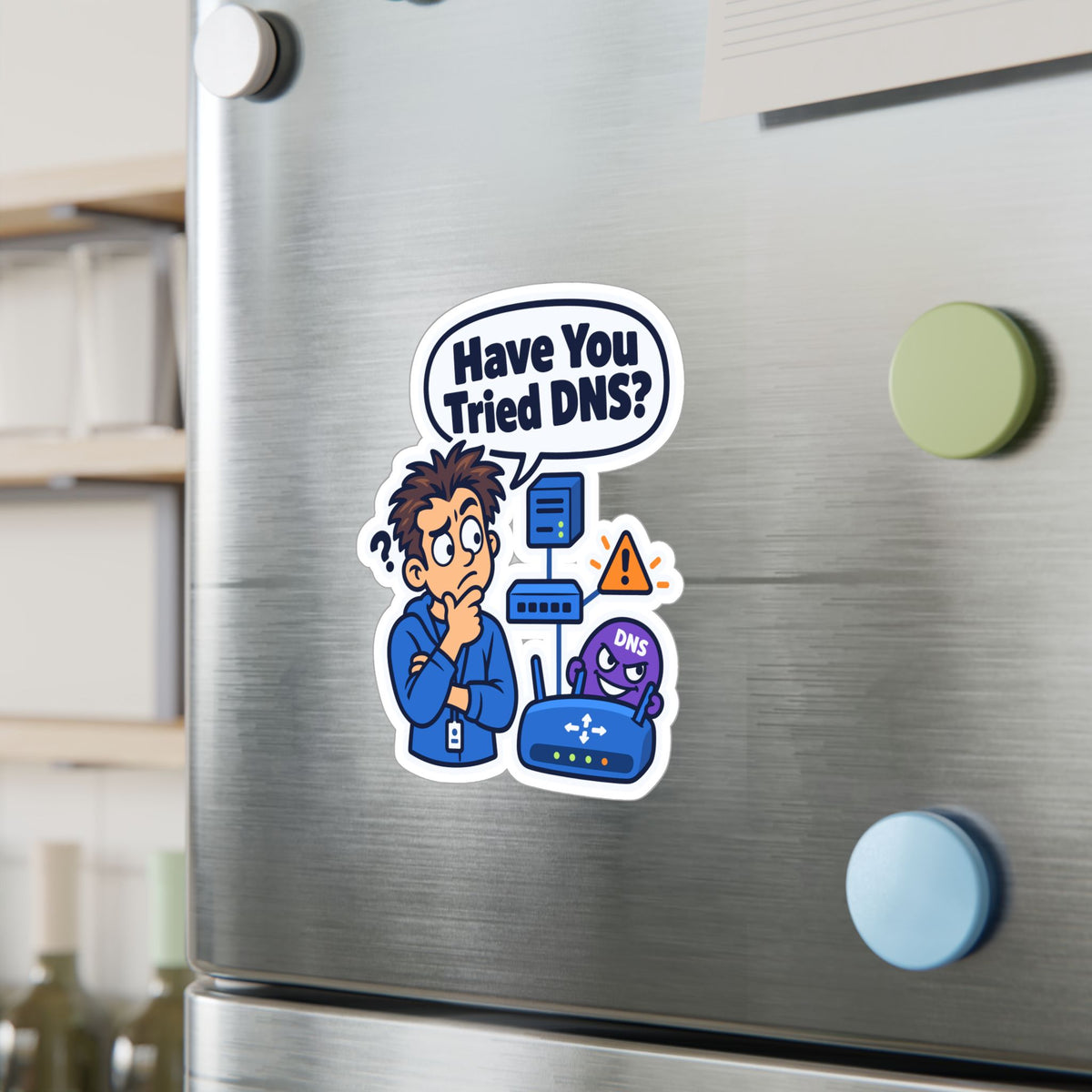 Tech Sticker "Have You Tried DNS" – Funny IT Decals with Reboot Button Humor, a Tech Bandage for Your Laptop