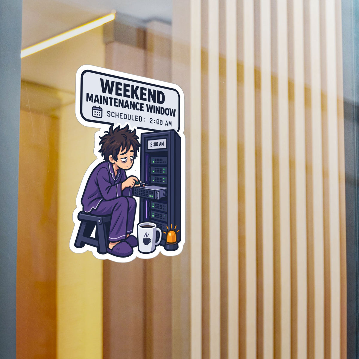 Tech Sticker - Weekend Maintenance Window with Reboot Button and Bandage Design, Decals for Laptop and Water Bottle