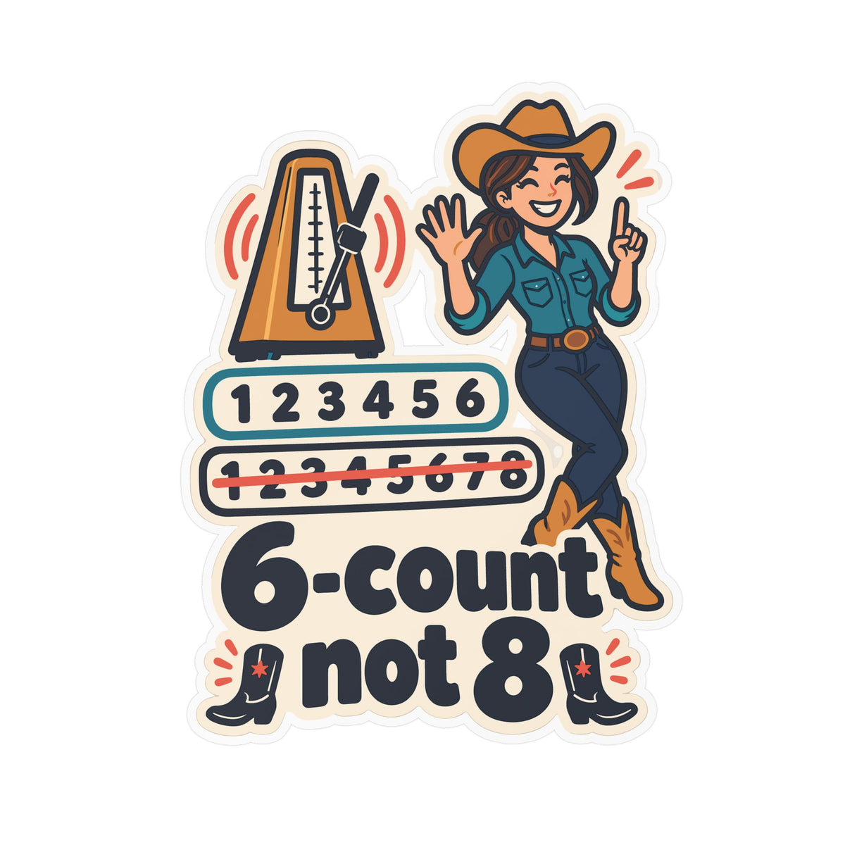 Line Dance Sticker – 6-count not 8, Country Dancer Design with Western Flair, Decals for Laptop or Water Bottle