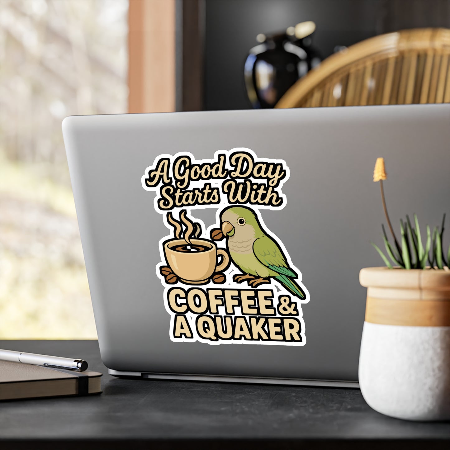 A Good Day Starts With Coffee & A Quaker – Parrot Sticker, Vinyl Decal for Laptop or Water Bottle | Funny Bird Lover Gift
