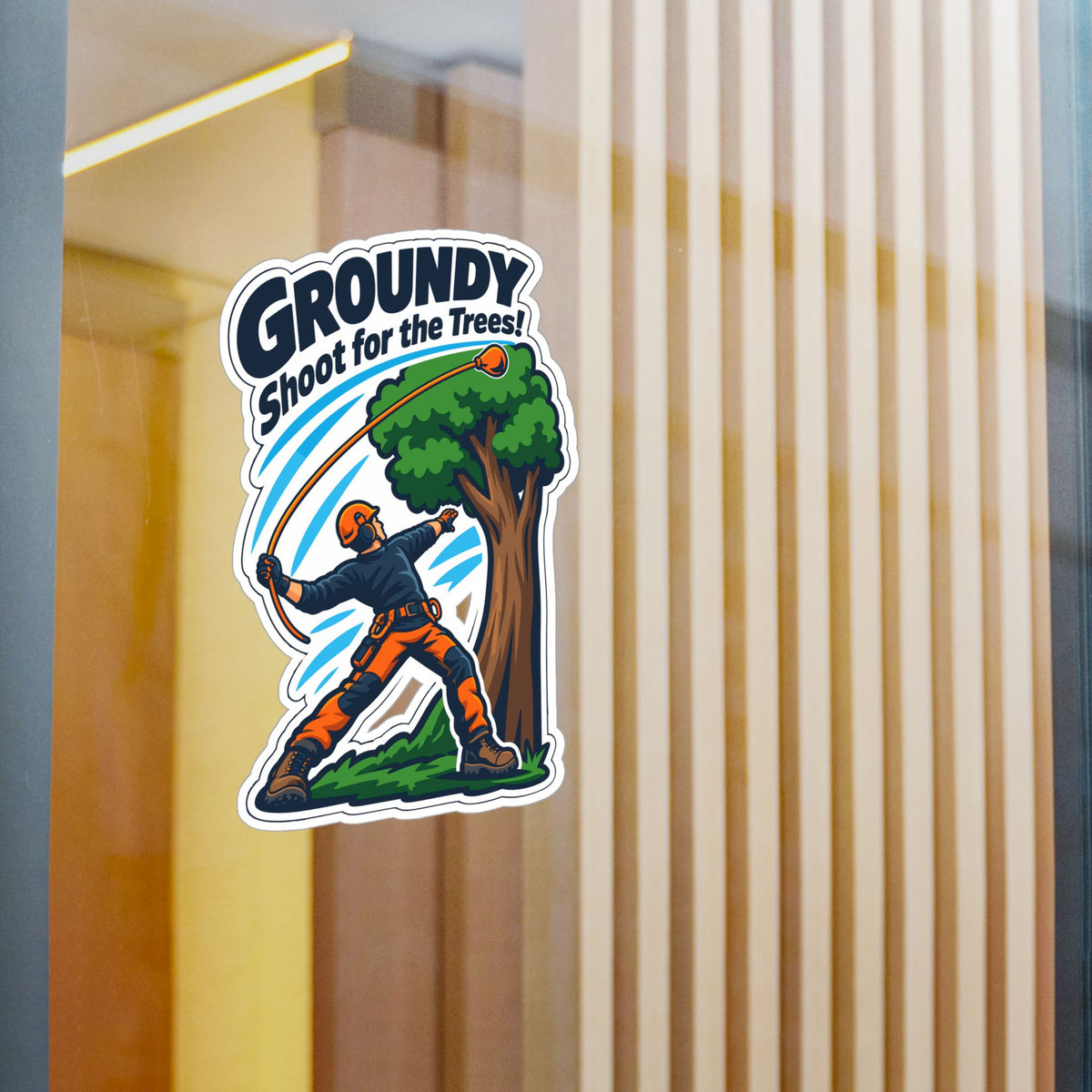 Tree Sticker – Groundy Shoot for the Trees! Funny Tree Worker and Branch Manager Decals for Laptop or Water Bottle