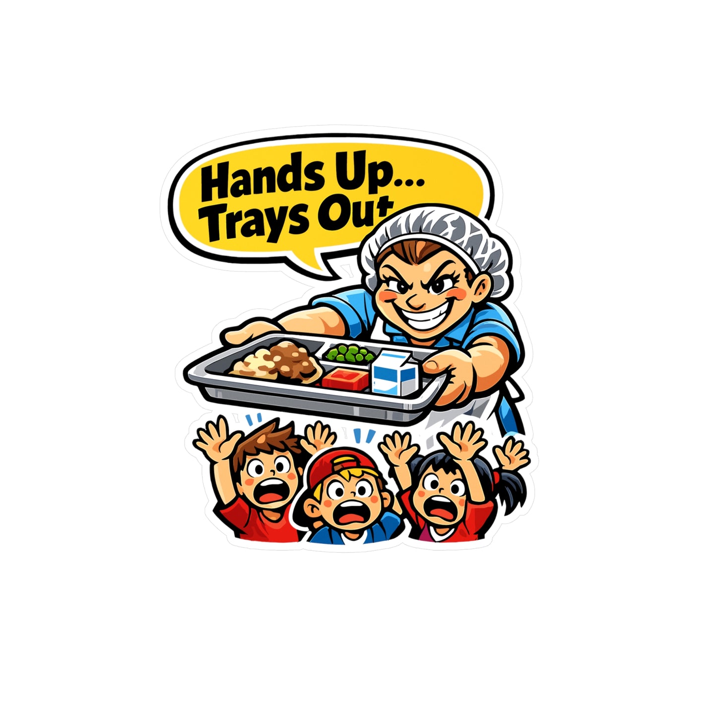 Lunch Lady Sticker “Hands Up... Trays Out” Funny School Canteen Lunch Vinyl Sticker Decals Waterproof for Laptop Water Bottle