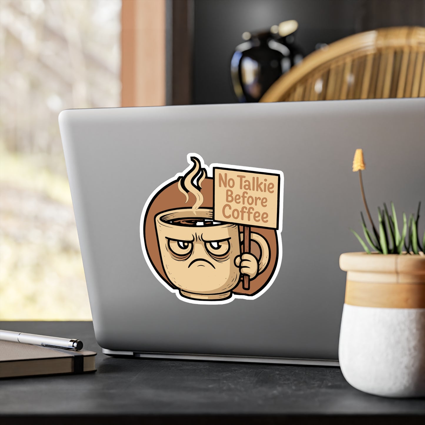 Coffee Sticker "No Talkie Before Coffee" Decal for Introvert or Grumpy Caffeine Lovers, Waterproof Vinyl for Laptop, Water Bottle
