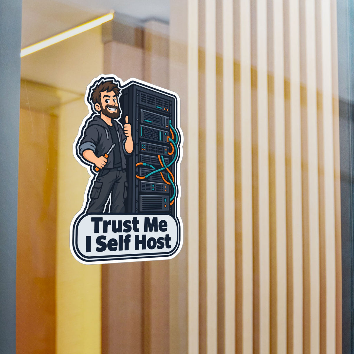Tech Sticker – Trust Me I Self Host, Reboot Button Humor with a Bandage Twist, Decals for Laptop and Water Bottle
