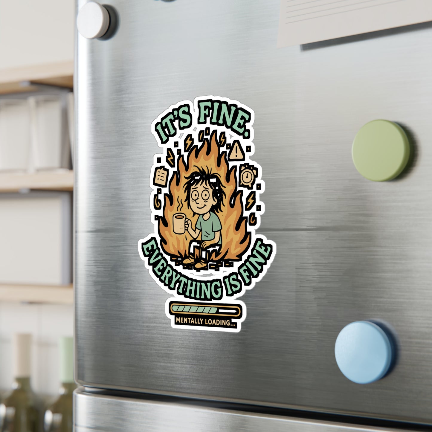 Stress Sticker – "It's Fine I'm Fine Everything Is Fine" Quirky Vinyl Decals for Laptop, Water Bottle, Waterproof Design, Chaos Messy Gift