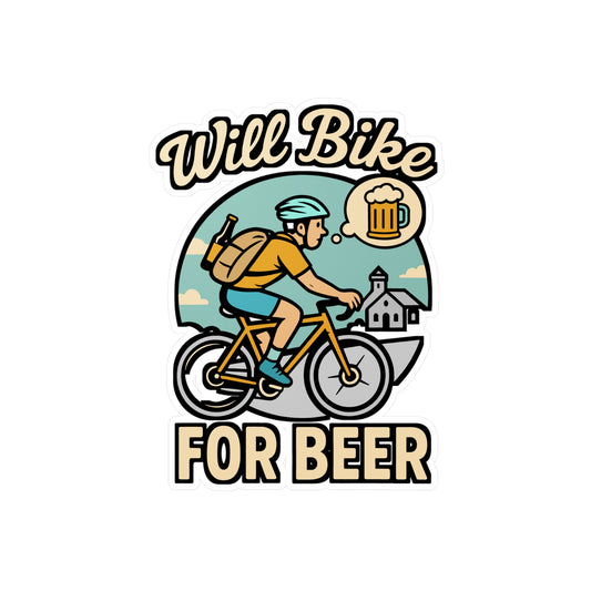 Will Bike for Beer – MTB Sticker for Car, Laptop, Water Bottle & Mountain Biker Gifts