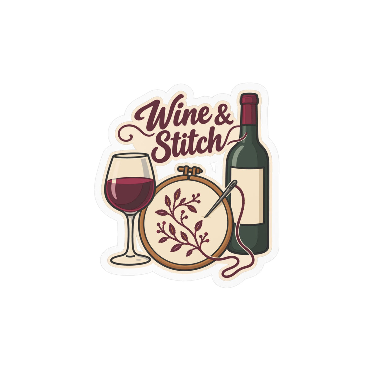 Embroidery Sticker - Wine & Stitch Design for Needlework and Stitching Fans, Crafting Decals for Laptop or Water Bottle