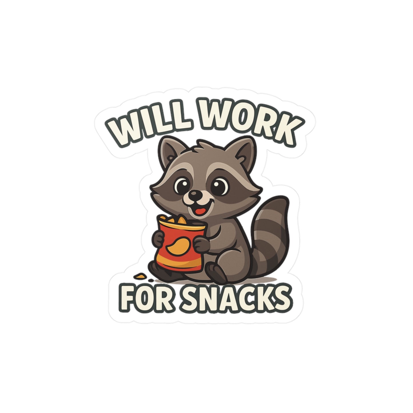 Raccoon Sticker – Cute Cartoon Animal Decals with “Will Work For Snacks” Design, Waterproof Vinyl for Laptop, Water Bottle