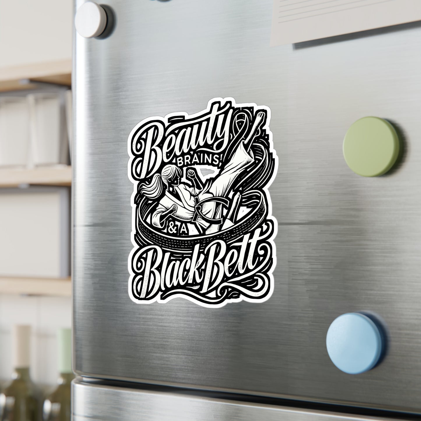 Beauty, Brains & A Black Belt – Karate Sticker for Laptop or Water Bottle | Vinyl Karate Gift Decal for Martial Arts Enthusiasts