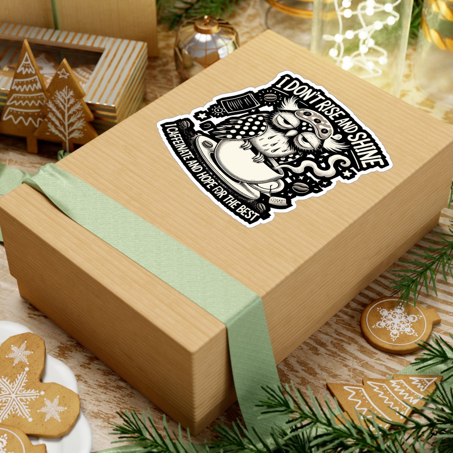 I Don’t Rise and Shine, I Caffeinate and Hope for the Best - Caffeine humor Sticker for Laptop Sticker. Water Bottle Sticker, Vinyl Sleepy owl Decal - Caffeine humor Gift