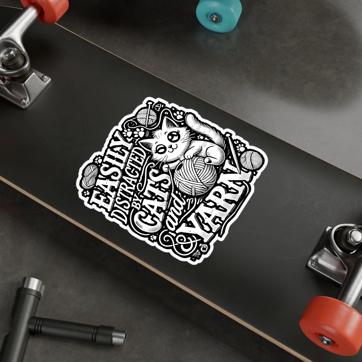 Easily Distracted by Cats and Yarn – Crocheting Sticker for Laptop or Water Bottle | Funny Knitting & Crochet Gift