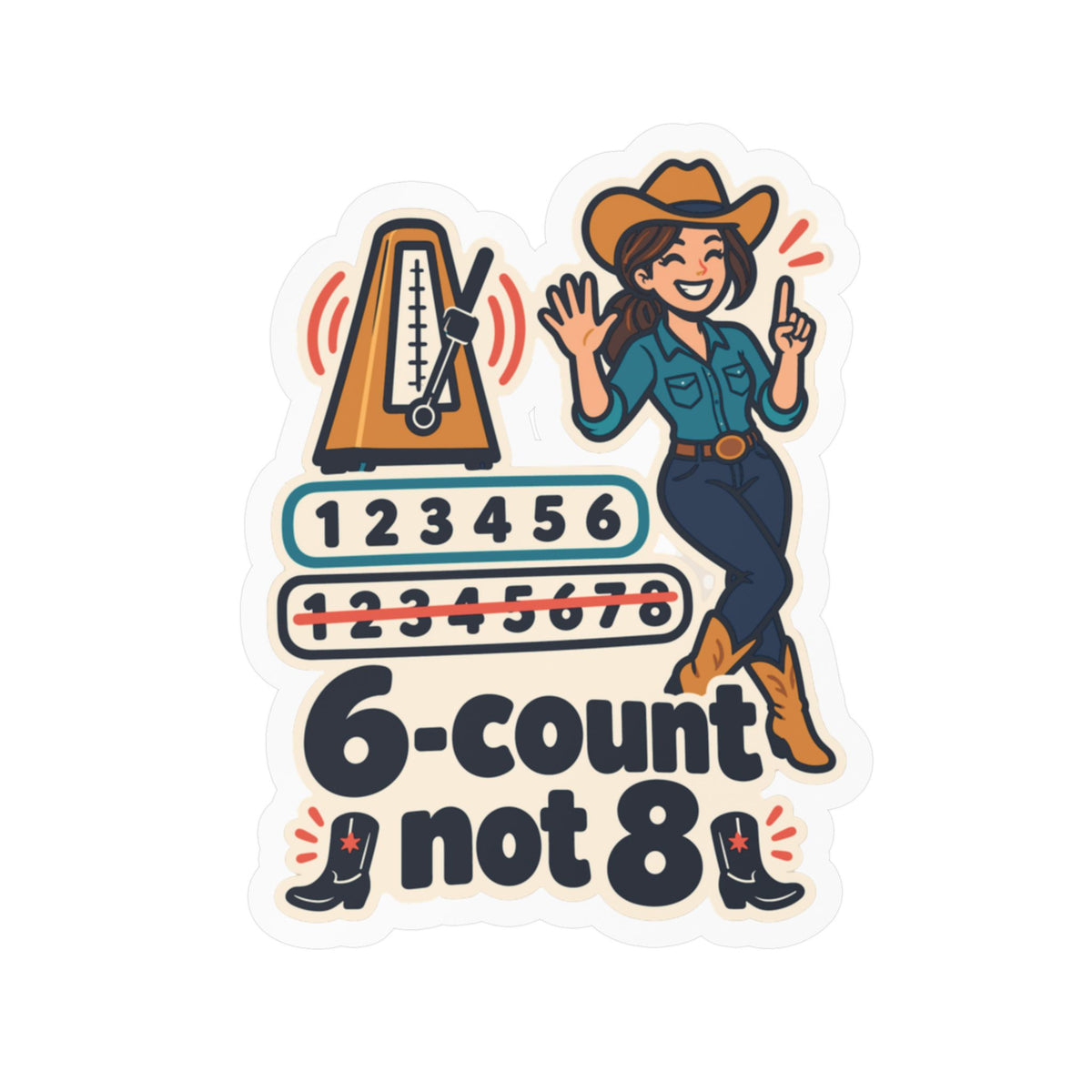 Line Dance Sticker – 6-count not 8, Country Dancer Design with Western Flair, Decals for Laptop or Water Bottle