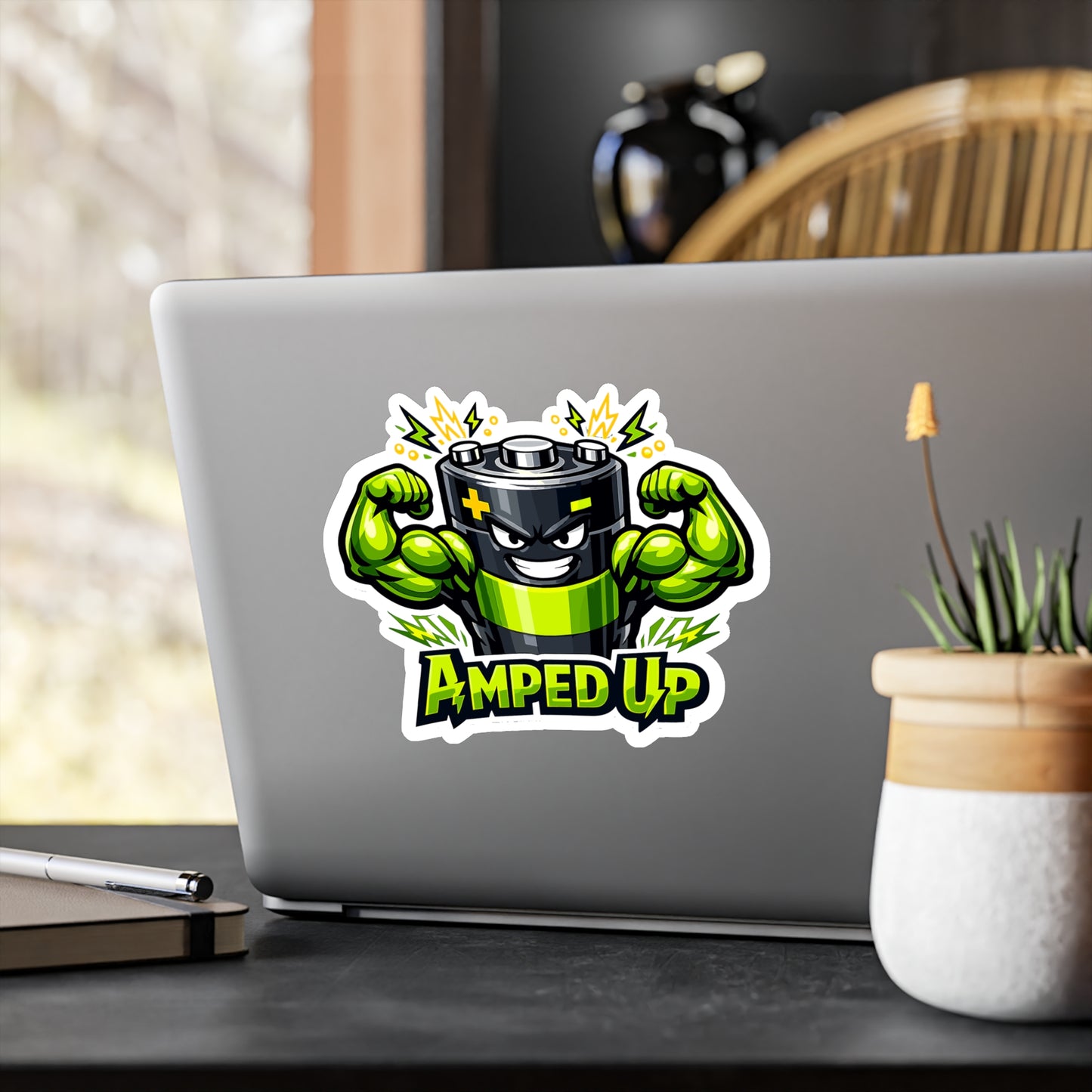 Electric Car Sticker Amped Up – Waterproof Vinyl decals for electric vehicle, rechargeable battery theme, Laptop, Water Bottle