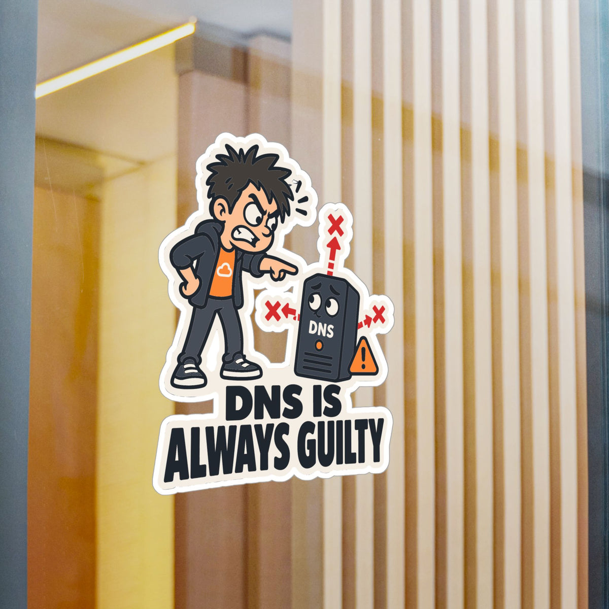 Frustrated Sticker - DNS Is Always Guilty, Cartoon Homelabber Pointing Accusingly, Funny Decals for Laptop and Water Bottle