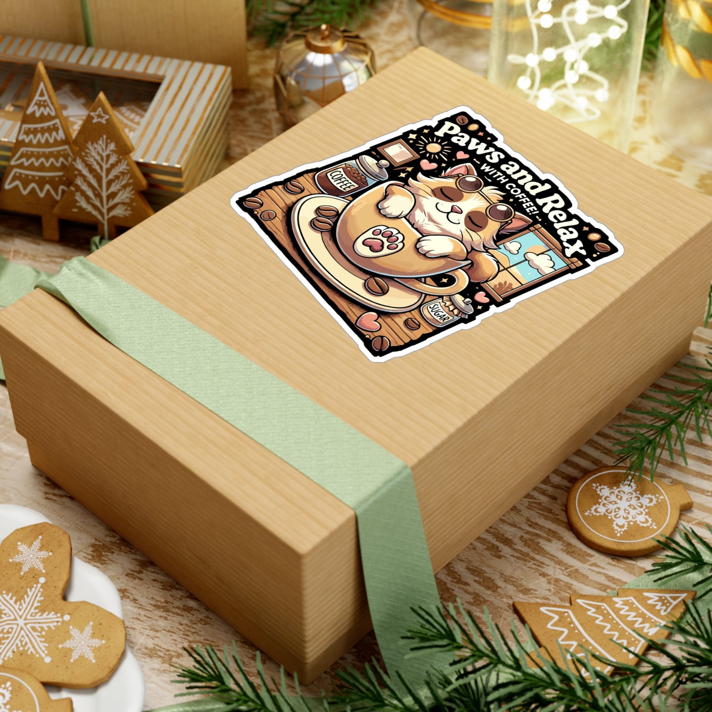 Paws and Relax with Coffee - Coffee Sticker for Laptop Sticker. Water Bottle Sticker, Vinyl Cat Decal - Coffee Gift