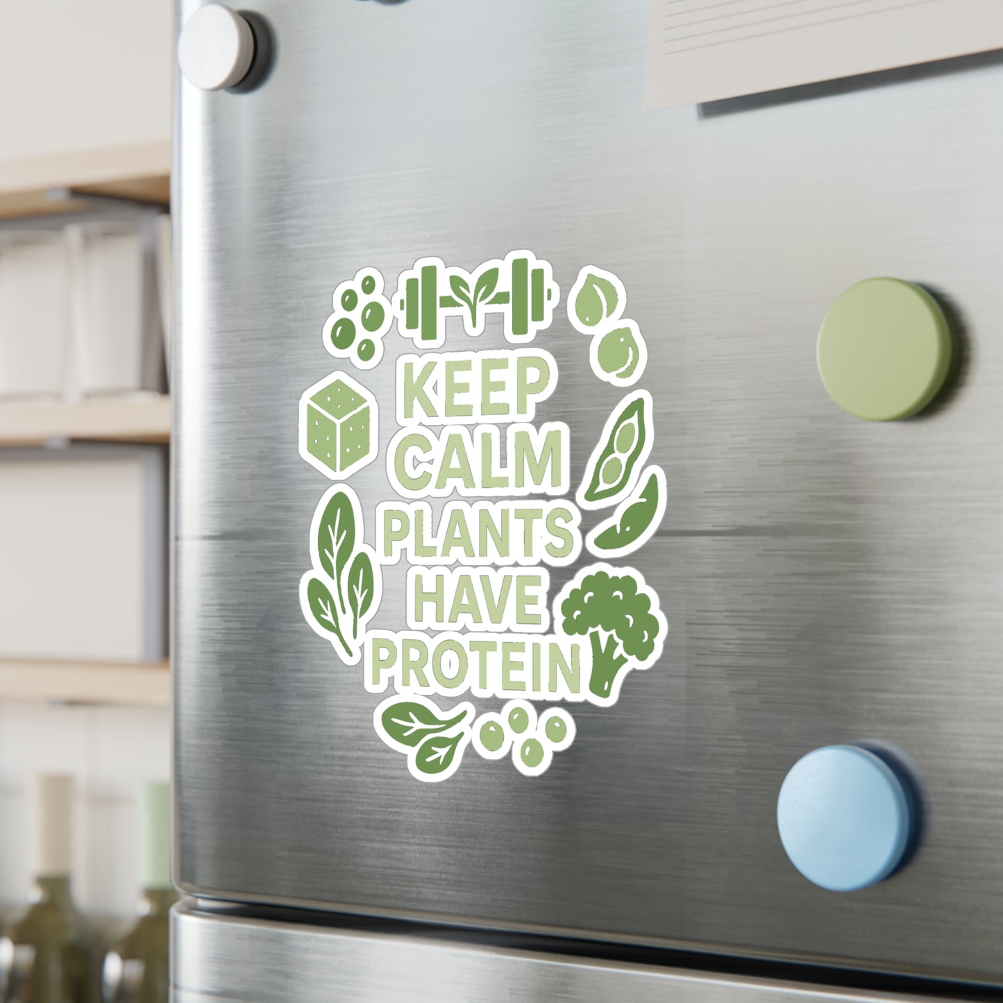 Vegan Sticker – "Keep Calm Plants Have Protein" Decals for Laptops, Water Bottles, Waterproof Vinyl, Vegetarian Green Plant Design
