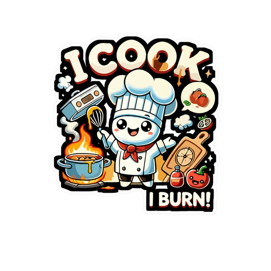 I Cook Therefore I Burn - Chef Sticker for Laptop Sticker. Water Bottle Sticker, Vinyl Cooking Decal - Chef Gift