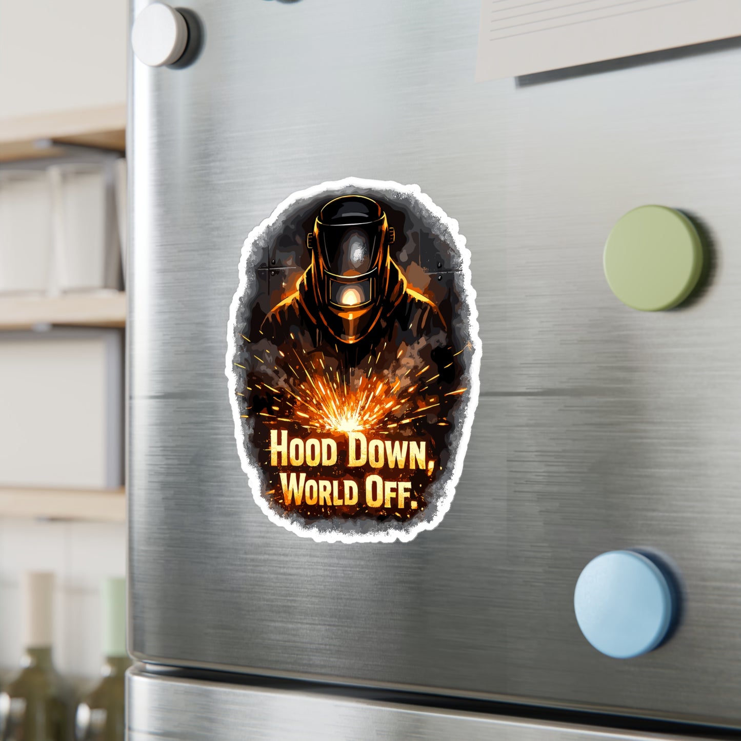 Welder Sticker "Hood down, world off." Welding Fabricator Arch Decals Waterproof Vinyl for Laptop or Water Bottle