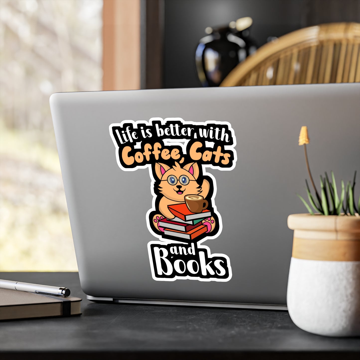 Coffee Cats Books - Coffee Sticker for Wall, Laptop, Window, Truck, Car Coffee Gift Vinyl Cats Decal Sticker