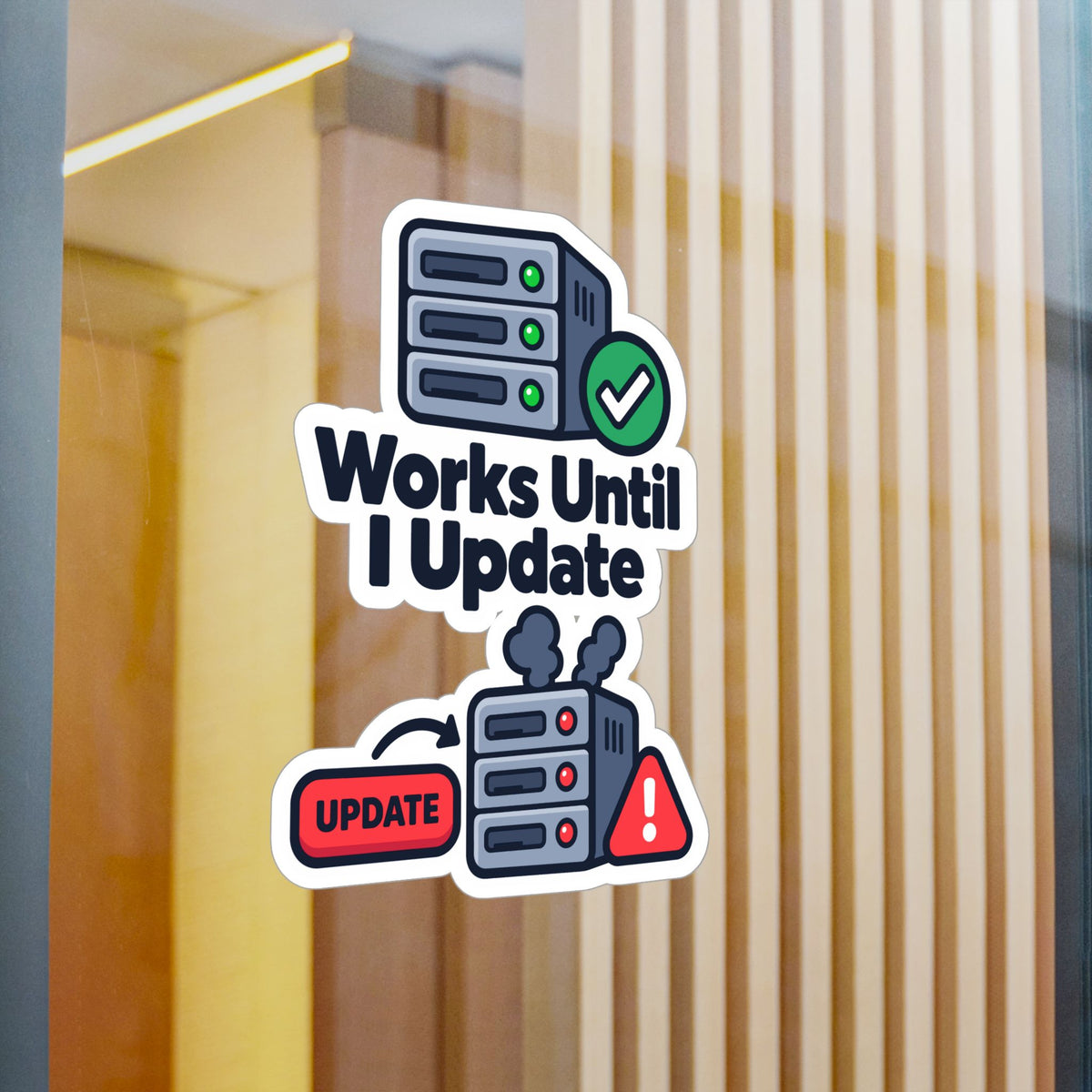 Tech Sticker Works Until I Update – Funny Reboot Button Bandage Design, Decals for Laptop and Water Bottle