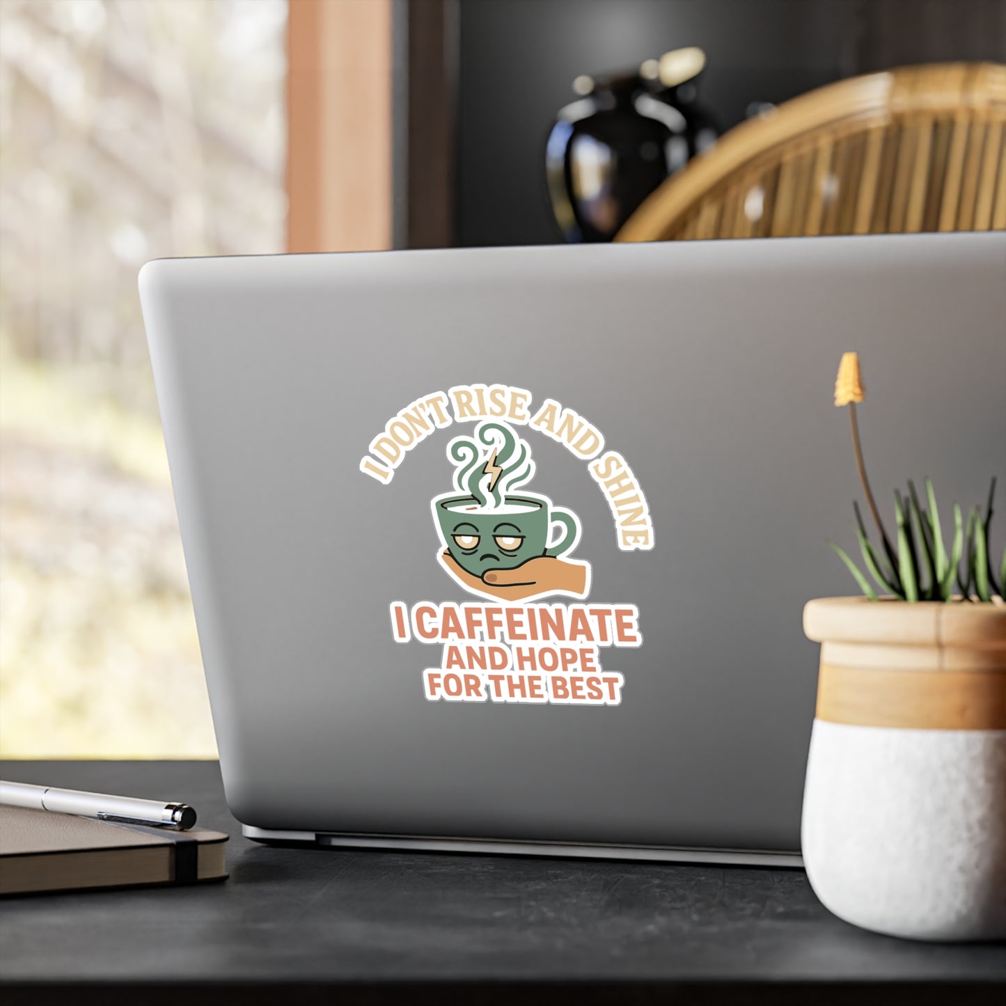 Coffee Sticker – Funny "I Don’t Rise and Shine I Caffeinate and Hope for the Best" Decals for Laptops, Water Bottles, Vinyl, Introvert Sarcasm Gift