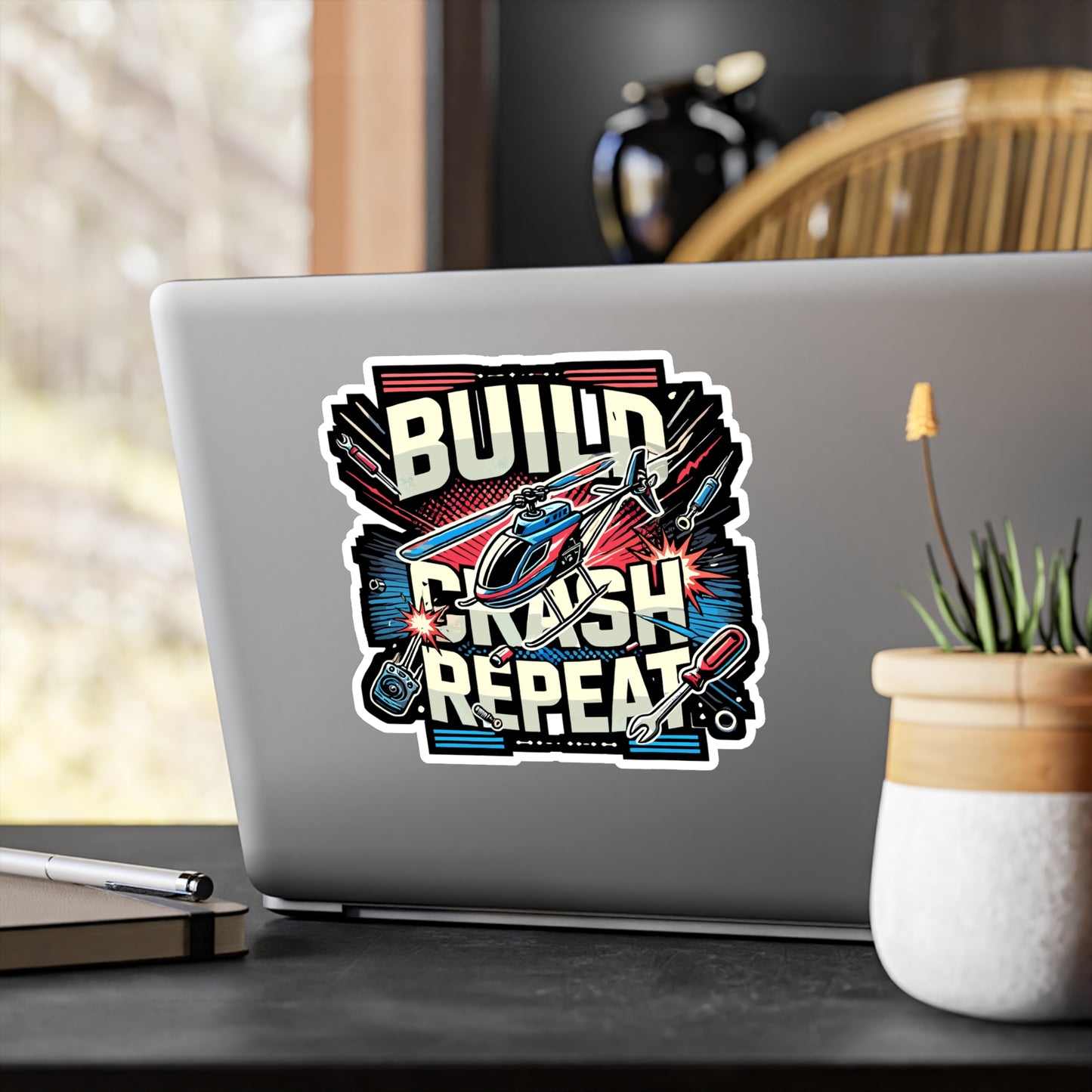 Build Crash Repeat - RC helicopter Sticker for Laptop Sticker. Water Bottle Sticker, Vinyl Model building Decal - RC helicopter Gift