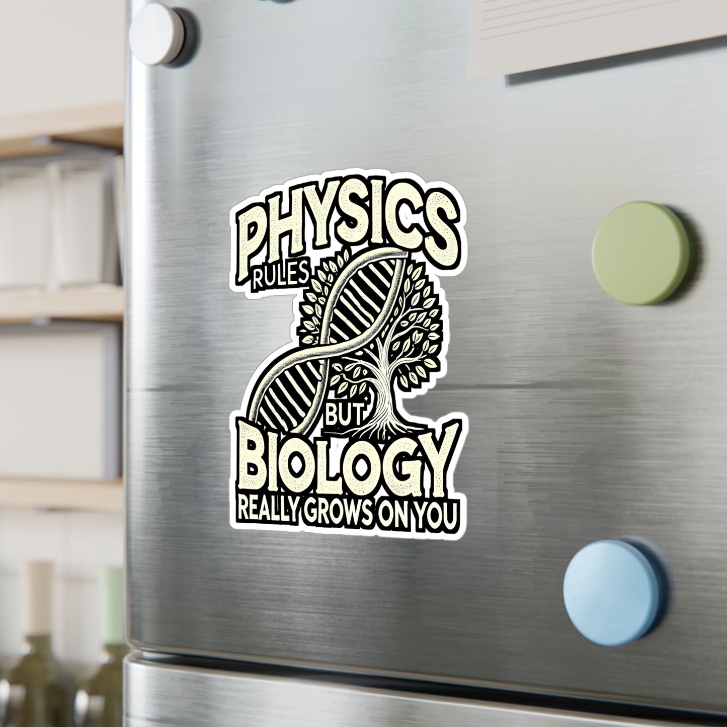Physics Rules, But Biology Really Grows On You – Vinyl Biology Teacher Sticker for Laptop or Water Bottle | Biology Gift for Teachers