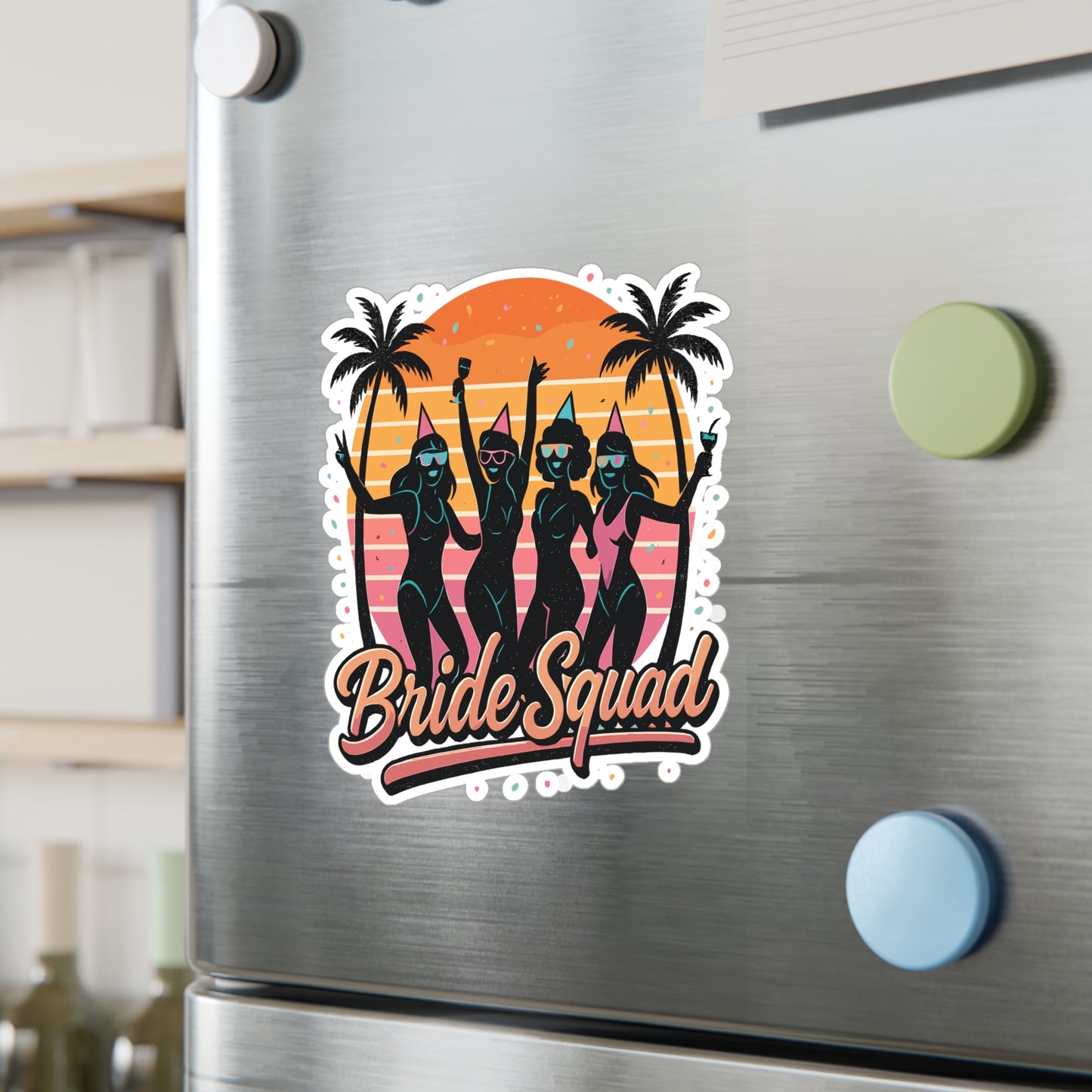 Retro Sticker Bride Squad 1980s Sunset Orange Decals for Laptop, Water Bottle, Waterproof Vinyl Bridal Party Gift