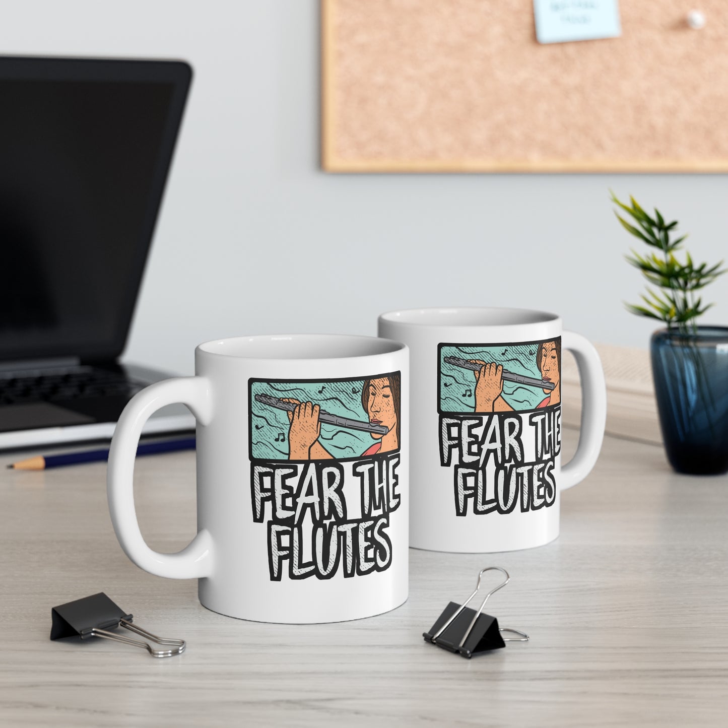 Fear The Flutes - Flute Mug for Coffee 11oz. Flute Cup, White ceramic, Treble Mug, Marching band Tea Cup - Flute Gift