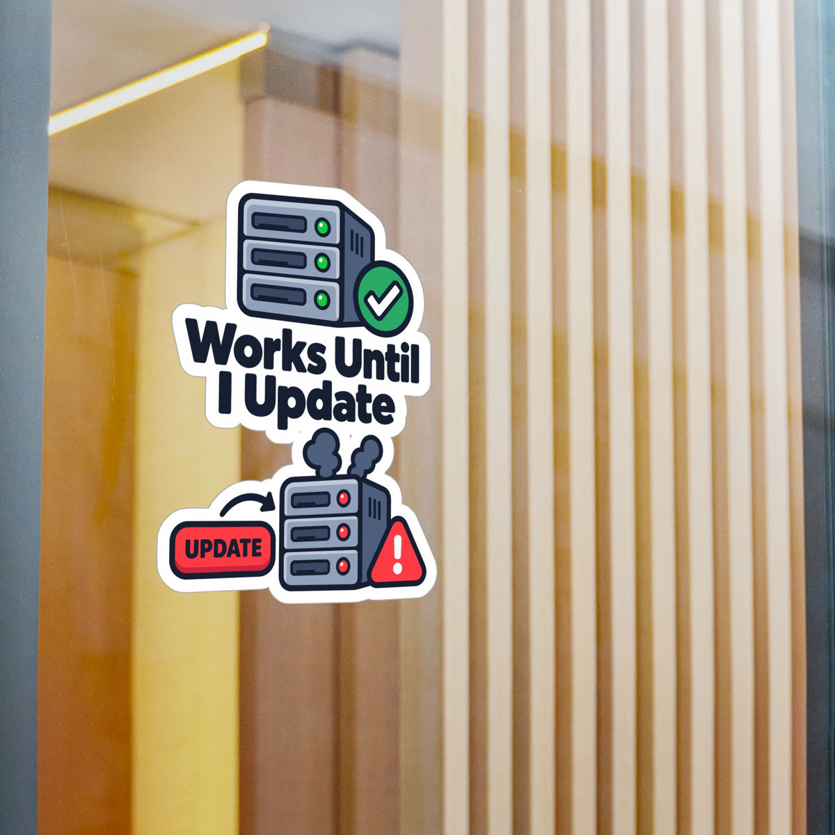Tech Sticker Works Until I Update – Funny Reboot Button Bandage Design, Decals for Laptop and Water Bottle