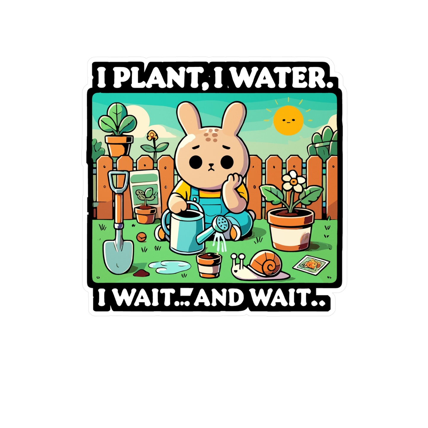 I Plant I Water I Wait and Wait - Gardening humor Sticker for Laptop Sticker. Water Bottle Sticker, Vinyl Cute bunny Decal - Gardening humor Gift