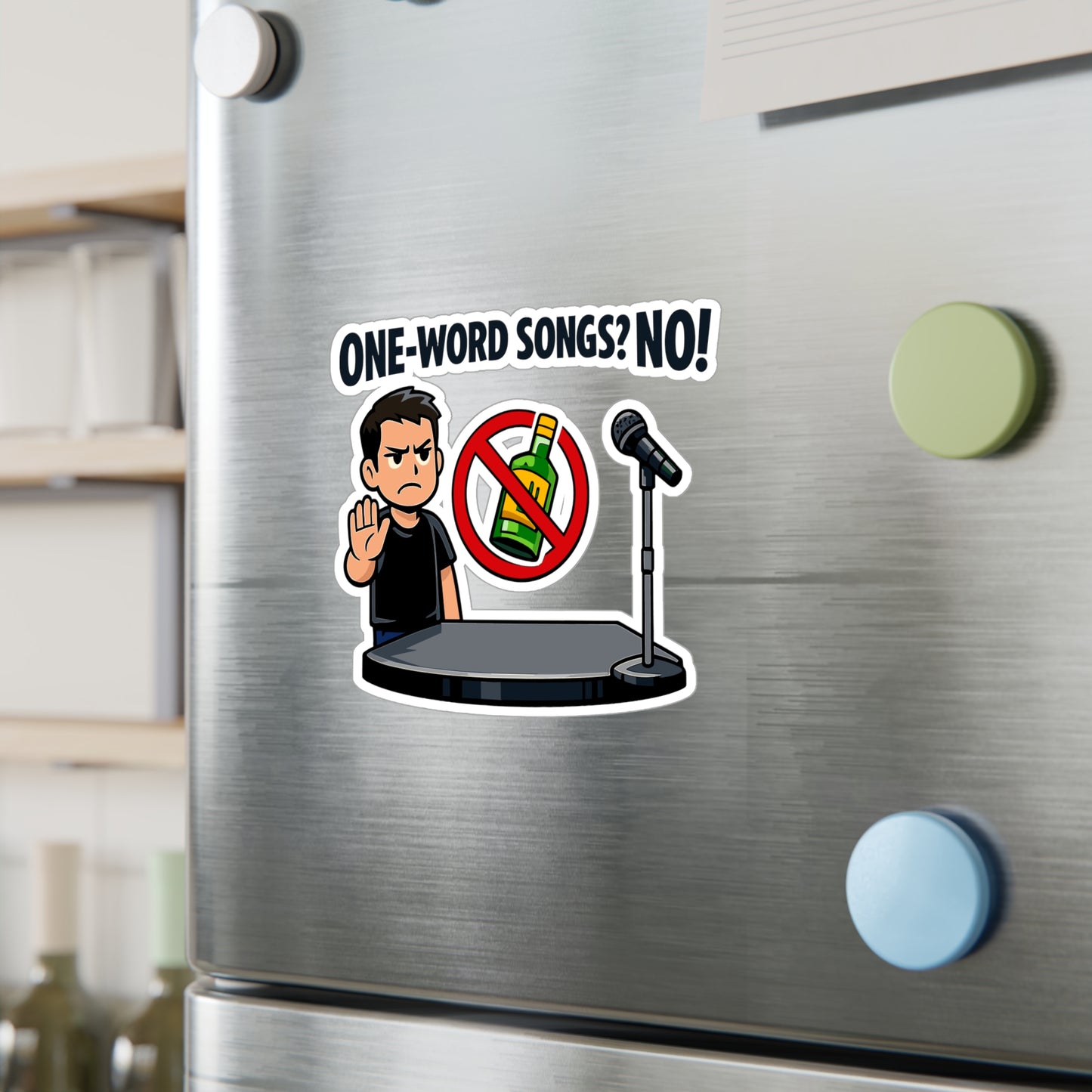 Karaoke Sticker “One-word songs? No!” Funny Music Decals, Waterproof Vinyl for Laptop or Water Bottle, Beer Booze Party Vibe