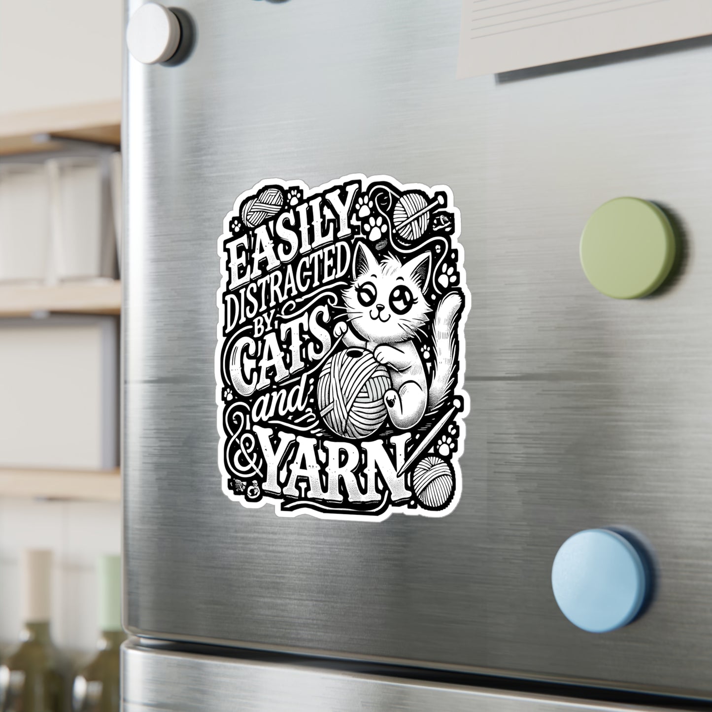 Easily Distracted by Cats and Yarn – Crocheting Sticker for Laptop or Water Bottle | Funny Knitting & Crochet Gift